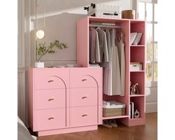 MIVRAY Kledingkast Open Garderobe Met 6 Lades En Kledingstang En Zijvakken Voor Slaapkamer Spaanplaat Metaal Roze 139 X 35 X 133 Cm