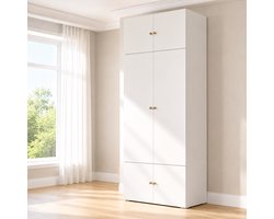 MIVRAY Kledingkast - Witte Draaideurkast Met Kledingroede En Vijf Opbergvakken - Voor Slaapkamer Kinderkamer En Kantoor - Spaanplaat - 90x50x200 Cm