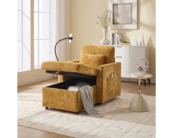 MIVRAY Loungestoel – Met Telefoonhouder En Opbergruimte – Voor Woonkamer En Slaapkamer – Chenille Mosterdgeel