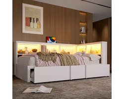MIVRAY Metalen Daybed 90x200 Cm - Bed Met Uitschuifbed En Opbergkasten - Met Led Hoofdbord En Oplaadpunten - Mdf Metaal - Wit