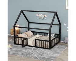 MIVRAY Metalen Huisbed 140x200 Cm - Kinderbed Met Dakframe En Veiligheidshek - Ruimtebesparend Vloerbed Zonder Matras - Metaal - Zwart