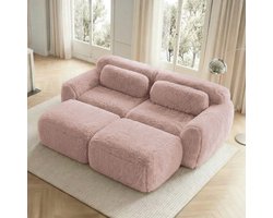 MIVRAY Modulaire Hoekbank 2-Zits – Montagevrij Comfort Met 2 Voetenbanken – Voor Woonkamer, Relaxen En Slapen – Pluche Roze