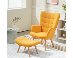 MIVRAY Oorfauteuil 72 bij 80 bij 101 cm - Met Hocker en Zachte Bekleding - Voor Woonkamer en Leeshoek - Polyester en Hout - Oranje
