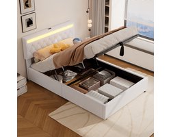 MIVRAY Opbergbed 140x200 Cm - Hydraulisch Hefbed Met Led Sfeerverlichting En Usb Aansluiting - Voor Slaapkamer - Linnen - Wit