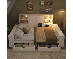 MIVRAY Opbergbed 140x200 cm - Tweepersoonsbed Met Laden, USB En Leeslamp - Zonder Matras - Hout - Wit