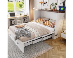 MIVRAY Opklapbed 140 x 200 cm - Tweepersoons Bed Met Opbergruimte En Stopcontact - Voor Logeerkamer En Kleine Ruimtes - Hout Metaal - Wit Zonder Matras
