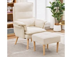 MIVRAY Relaxfauteuil 85 x 78,5 x 112 cm - 5-Standen Verstelbare Rugleuning Met Hocker - Voor Lezen en TV - Linnen Beige