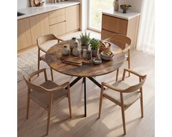 MIVRAY Ronde Eettafel Met X Vormige Stalen Poten Voor Vier Personen In Keuken En Eetkamer Houten Blad Rustiek Bruin 100 Cm