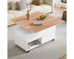 MIVRAY Salontafel - Hefbaar En Uitschuifbaar Met 4 Laden En Wielen - Voor Woonkamer En Werkkamer - Spaanplaat - Wit Eiken