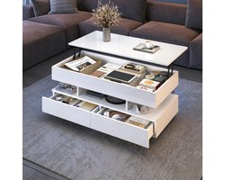MIVRAY Salontafel - In Hoogte Verstelbaar Met LED En Opbergruimte - Voor Woonkamer En Thuiswerkplek - Wit - 100x50x45 Cm