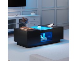 MIVRAY Salontafel - Met Ledverlichting, Glasblad En 2 Laden - Voor Woonkamer - Spaanplaat In Zwart - 100x50x35,5 Cm