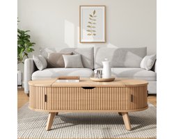 MIVRAY Salontafel - Ovaal Met Hydraulisch Verstelbaar Blad En Schuifdeuren - Voor Woonkamer En Thuiswerkplek - MDF - 110x50x53,5 Cm - Naturel