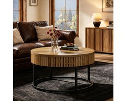 MIVRAY Salontafel - Ronde MDF Tafel Met Metalen Onderstel - Voor Woonkamer Kantoor En Ontvangstruimte - Zwart Bruin - 80x80x45 Cm