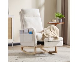 MIVRAY Schommelstoel 75 x 63 x 104 cm - Hoge Rugleuning Met Hocker En Zijvak - Voor Kinderkamer En Woonkamer - Stof Wit