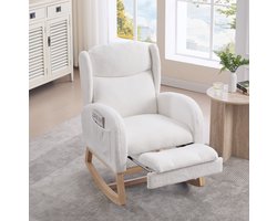 MIVRAY Schommelstoel - Relaxfauteuil Met Uitschuifbare Voetensteun - Voor Woonkamer En Babykamer - Teddy Stof Hout Wit
