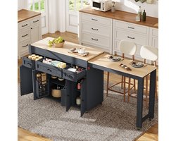 MIVRAY Sidetable - Uitschuifbare Keukeneilandtafel Met Wielen En 3 Lades - Voor Keuken En Eethoek - MDF En PB - Grijs - 190,6x45,2x92 Cm
