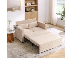 MIVRAY Slaapbank 134 x 195 cm - 3-in-1 2-Zits Met Uitschuiffunctie En USB-Oplaadpoorten - Voor Woonkamer Of Logeerkamer - Stof Beige