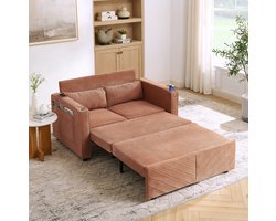 MIVRAY Slaapbank 134 x 195 x 73 cm - 3-in-1 2-Zits Met Uitschuifbaar Systeem En USB-Oplaadpoort - Voor Woonkamer En Logeerkamer - Hout En Stof Oranje