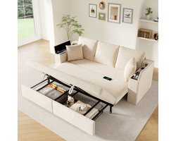 MIVRAY Slaapbank 210,5 x 192 x 93 cm - Uitschuifbaar Met Opbergruimte En Laadpoorten - Woonkamer - Chenille Beige