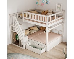 MIVRAY Stapelbed 140x200cm - Dubbel Bed Met Veiligheidshek En Opbergtrap - Met Opberglade En Lattenbodem - Zonder Matras - Hout - Wit