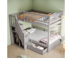 MIVRAY Stapelbed 90x200 cm - Met Hoge Veiligheidshekken En Opbergtrap - Met Lades En Lattenbodems - Houten - Grijs