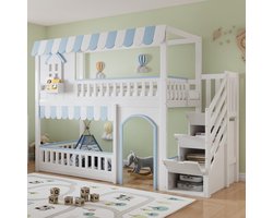 MIVRAY Stapelbed 90x200 Cm - Met Trapkast En Opbergruimte - Met Vierzijdige Valbeveiliging - Voor Kinderkamer - Hout - Wit Blauw