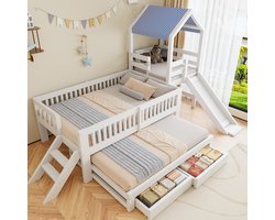MIVRAY Stapelbed 90x200 Cm Zonder Matras Met Uittrekbed 90x190 Cm - Kinderbed Met Glijbaan En Trap - Opberglades - Hout - Wit