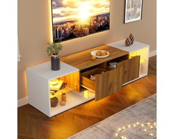 MIVRAY Televisiemeubel - Drie Niveaus Met LED En Glazen Plateau - Met 2 Lades Voor Woonkamer En Slaapkamer - Wit Eiken - 160x40x42 Cm