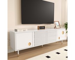 MIVRAY Televisiemeubel - Kast Met Vier Deuren En Kabeldoorvoer - Voor Woonkamer - MDF Wit Met Goudaccenten - 170x36x54 Cm