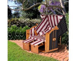 MIVRAY Tuinbank - Strandkorb 2-Zits - Verstelbare Rugleuning Met Voetsteunen En Klaptafels - Voor Balkon En Tuin - Hout Rood Wit