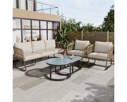 MIVRAY Tuinmeubelset 5-Delig - 3-Zitsbank Met 2 Fauteuils En 2 Tafels - Voor Tuin En Terras - IJzer En Touw Beige