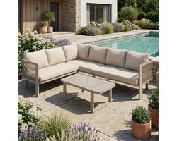 MIVRAY Tuinmeubelset 6-Persoons - Hoekbank Met Glazen Tafel - Voor Tuin En Terras - Staal En Polyester - Khaki