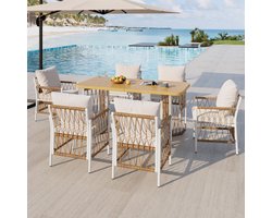 MIVRAY Tuinmeubelset 7-Delig 159,5x77,5x75 cm - Lange Tafel Met 6 Stoelen En Kussens - Voor Terras En Tuin - IJzer Polyester
