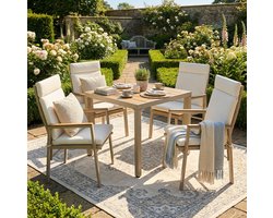 MIVRAY Tuinset 4 Personen - Eettafel Met 4 Stoelen En Kussens - Voor Tuin En Terras - Verzinkt Staal En Polyester - Beige Khaki