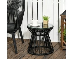 MIVRAY Tuintafel - Ronde Bijzettafel Met Gehard Glazen Blad - Voor Balkon En Tuin In Boho Stijl - Metaal En PE-Rattan - Zwart - 40 Cm
