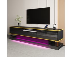 MIVRAY Tv Meubel - Hoogglans Met Ledverlichting En 3 Lades - Opbergvak Voor Woonkamer - Spaanplaat Zwart Goud - 180x38x45 Cm