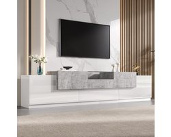 MIVRAY Tv Meubel - Hoogglans Wit Met Cementlook En Glasplaat - Modern Design Voor Woonkamer En Mediahoek - Hout - 200 Cm