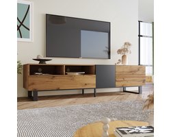 MIVRAY Tv Meubel - Houtnerf En Zwart Design Met Metalen Poten - 2 Lades 2 Deuren En Open Vakken - MDF - 180x50x38 Cm