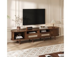 MIVRAY Tv-Meubel - Ovaal Design Met Schuifdeuren En Rotan Lades - Voor Woonkamer - Donker Eikenhoutlook MDF - 170x40x40 Cm