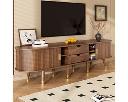MIVRAY Tv Meubel - Rattan Schuifdeur Met Opbergvakken En Lades - Landelijke Uitstraling Voor Woonkamer - 175x38x45 cm - MDF - Walnoot