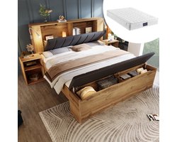 MIVRAY Tweepersoonsbed 160x200 Cm - Houten Bed Met Matras En Opklapbaar Linnen Hoofdbord - Usb Leeslampen En Nachtkastjes - Eiken
