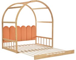 MIVRAY Uitschuifbaar Kinderbed 140x100 140x200cm - Gewelfd Dakframe Met Kussen En Bedrand - Met Opbergruimte - Hout MDF - Naturel Oranje - Zonder Matras