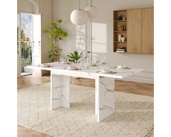 MIVRAY Uitschuifbare Eettafel - Voor 6 Tot 8 Personen En T-Vormige Poten - Eetkamer En Keuken - MDF Wit Marmer - 140-180x80 Cm