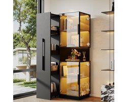MIVRAY Vitrinekast - Dubbelzijdige Glazen Display Met Ledverlichting En Uittrekbare Planken - Voor Woonkamer En Eetkamer - MDF En Glas - Zwart - 70x38x160 Cm
