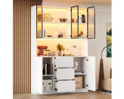 MIVRAY Vitrinekast - Glazen Vitrinekast Met Instelbare LED-Verlichting En 3 Lades - Voor Woonkamer En Eetkamer - MDF Wit - 120x40x200 Cm