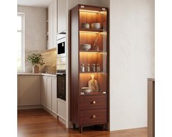 MIVRAY Vitrinekast - Smal Hoge Kast Met LED En Glazen Deur - 2 Laden Voor Woonkamer Of Werkkamer - MDF En Glas - Bruin