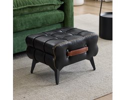 MIVRAY Voetenbankje 43 x 33 x 30 cm - Draagbaar Met Handgreep En Antislip Poten - Voor Woonkamer En Slaapkamer - Kunstleer En Metaal - Zwart