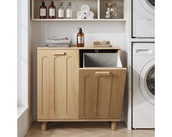 MIVRAY Wasmandkast – 66 x 35 x 67 cm – Uitneembare Dubbele Wasmanden – MDF – Eikenkleur – Vrijstaande Opbergkast Voor Badkamer En Wasruimte
