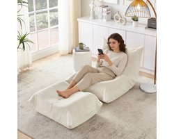 MIVRAY Zitbank Eenpersoons – Met Rugleuning En Voetenbank – Lazy Loungestoel Voor Lezen En Ontspannen – Schuim Beige
