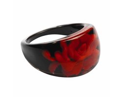 MixMamas Ring - Scarlet Mood - Trendy Acryl Ring met Roos – Zwart / Rood - Lichtgewicht & Stijlvol , Nikkelvrij